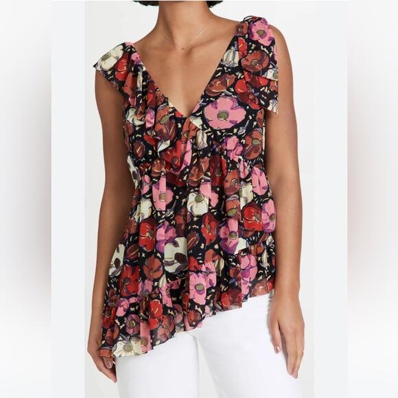 Cinq a Sept Naomi Floral Ruffle Asymmetric Top V Neck Tiered femme spring bright - Picture 2 of 10